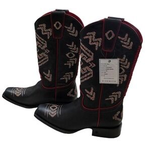 Black Star Black Leather Western Boots Red Trim Embroidered Design‎